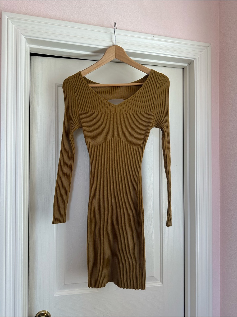 Anthropologie Ribbed Long-Sleeve V-Neck Dress in Mustard